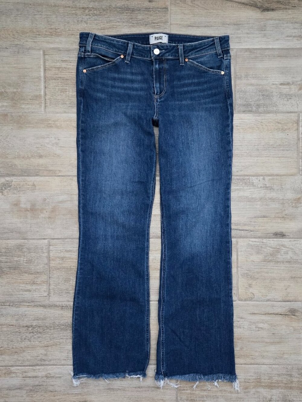 Paige Sloane Low Rise Bootcut Jeans Womens Medium Blue Raw Hem Stretch Denim 31